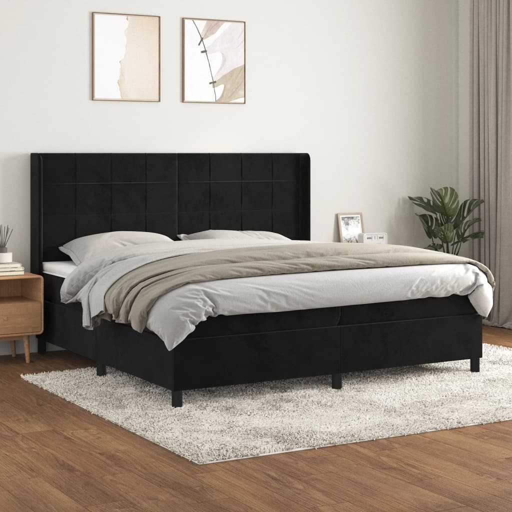 Boxspring Met Matras Fluweel Zwart 200 x 200 cm Blok met vierkanten