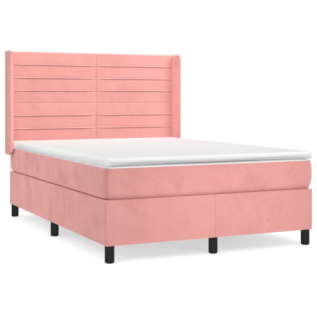 Boxspring Met Matras Fluweel Roze 140 x 190 cm Horizontale strepen