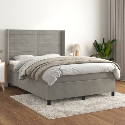 Boxspring Met Matras Fluweel Lichtgrijs 140 x 200 cm Horizontale strepen