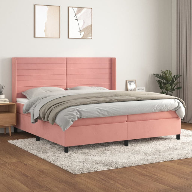 Boxspring Met Matras Fluweel Roze 200 x 200 cm Horizontale strepen