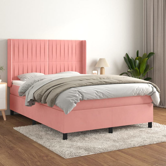 Boxspring Met Matras Fluweel Roze 140 x 190 cm Verticale strepen