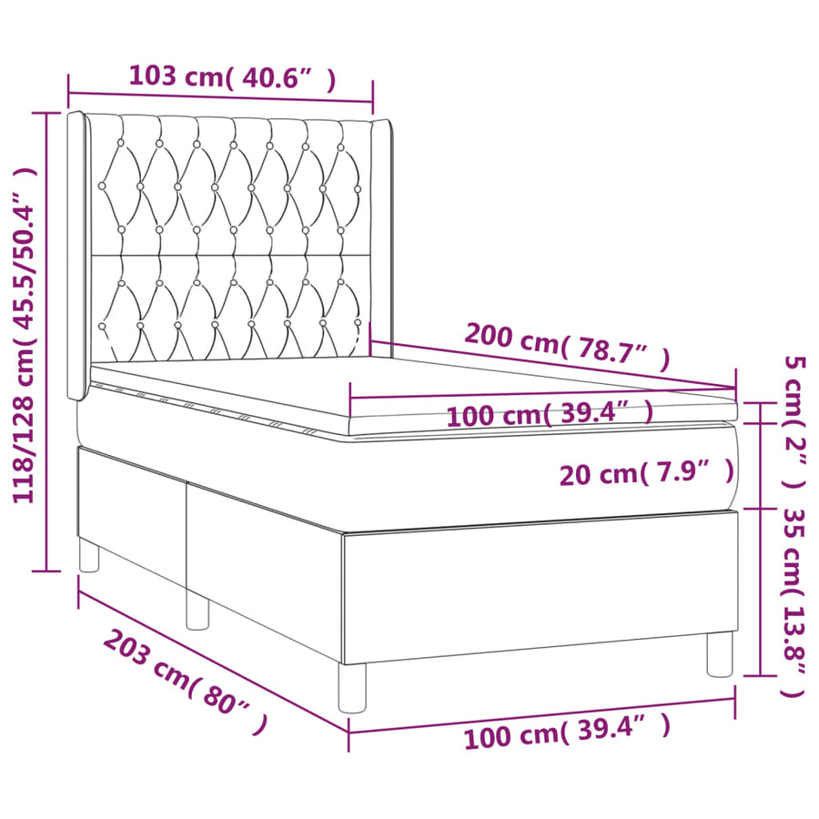Boxspring Met Matras Fluweel Lichtgrijs 100 x 200 cm Getuft ontwerp