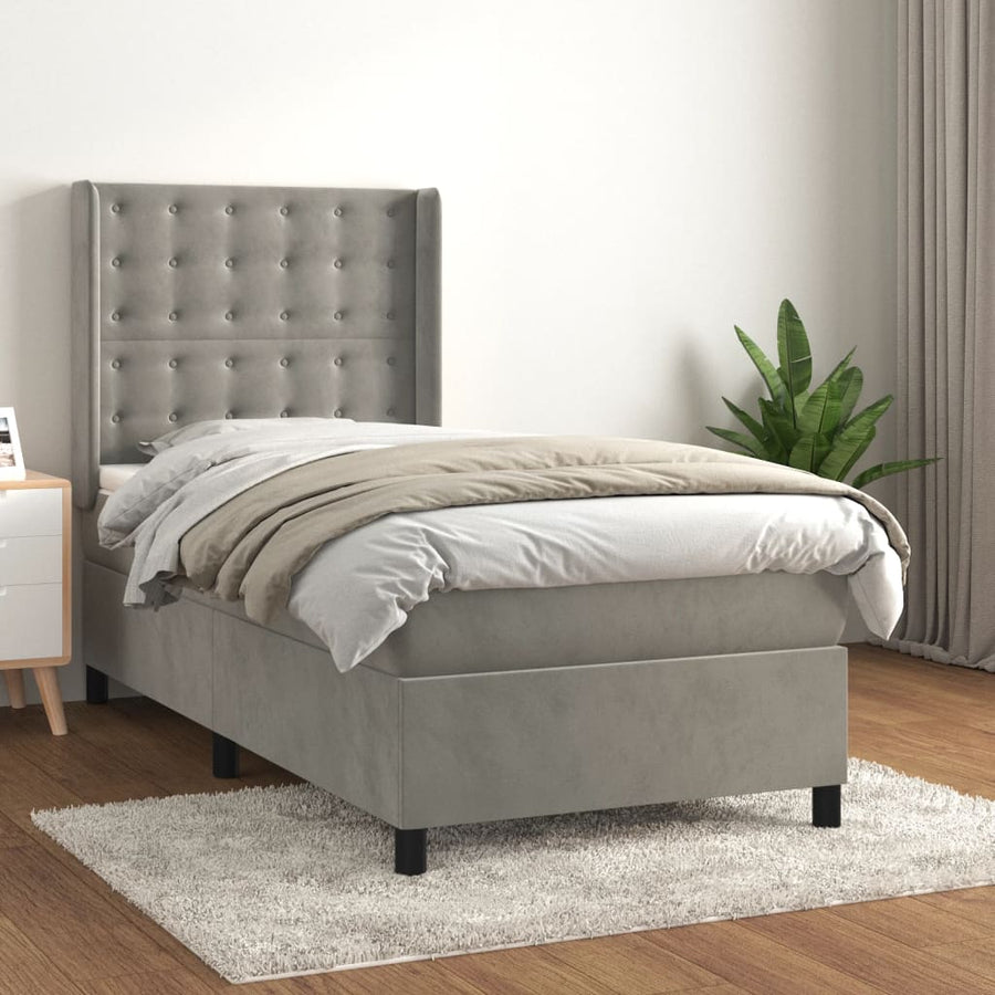 Boxspring Met Matras Fluweel Lichtgrijs 90 x 190 cm Knopen