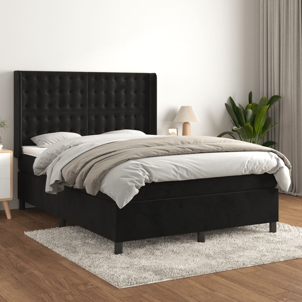 Boxspring Met Matras Fluweel Zwart 140 x 190 cm Knopen