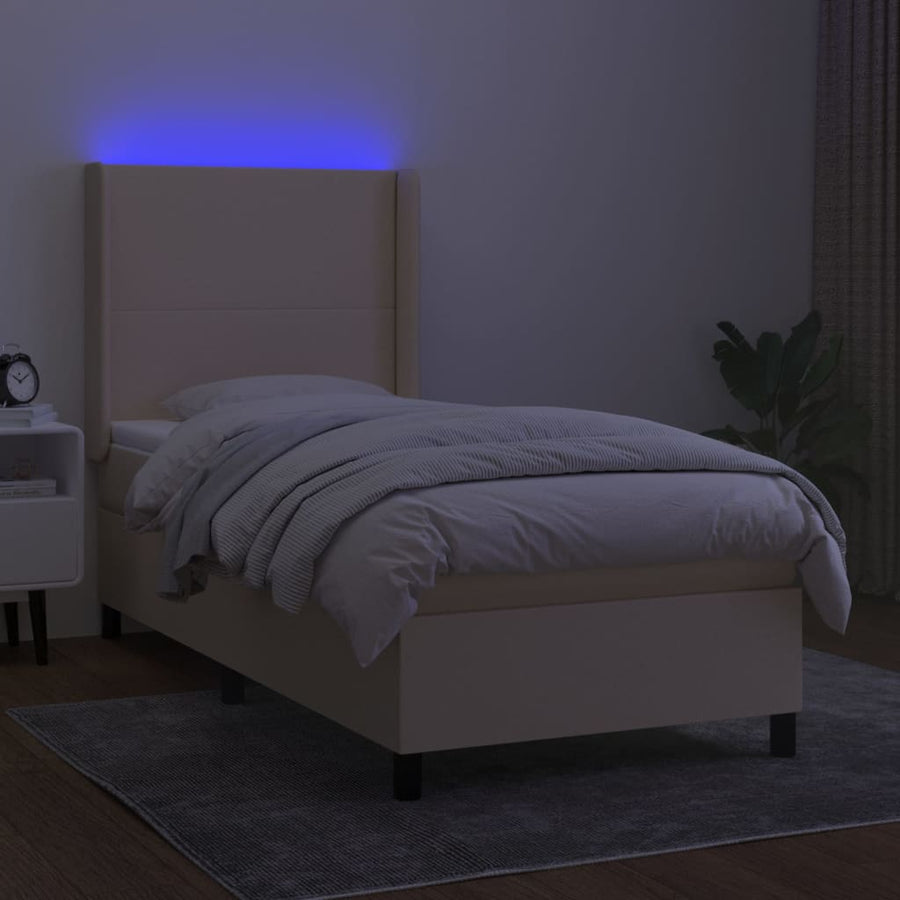 Boxspring met matras en LED stof crèmekleurig 100x200 cm 100 x 200 cm Effen ontwerp