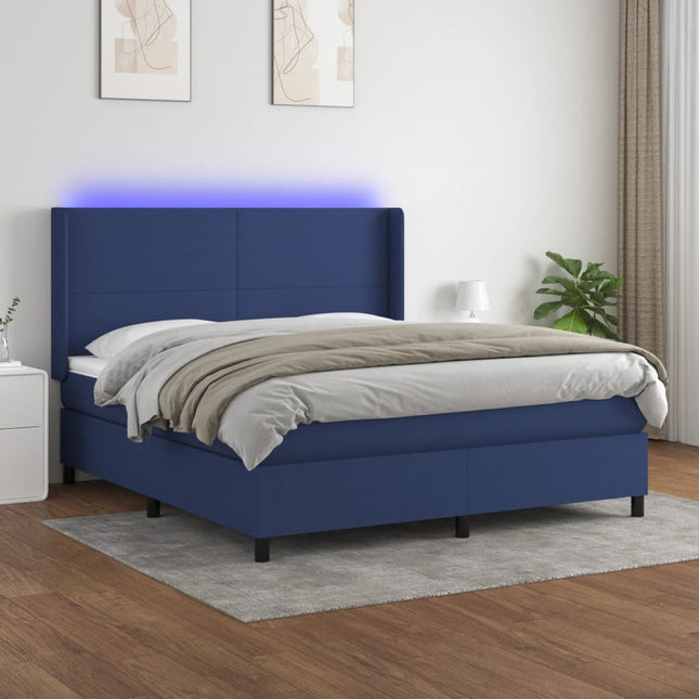 Boxspring Met Matras En Led Stof Blauw 160X200 Cm Blauw 160 x 200 cm Effen ontwerp