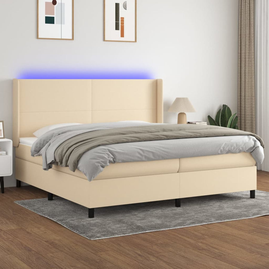 Boxspring Met Matras En Led Stof Crèmekleurig 200X200 Cm Crème 200 x 200 cm Effen ontwerp