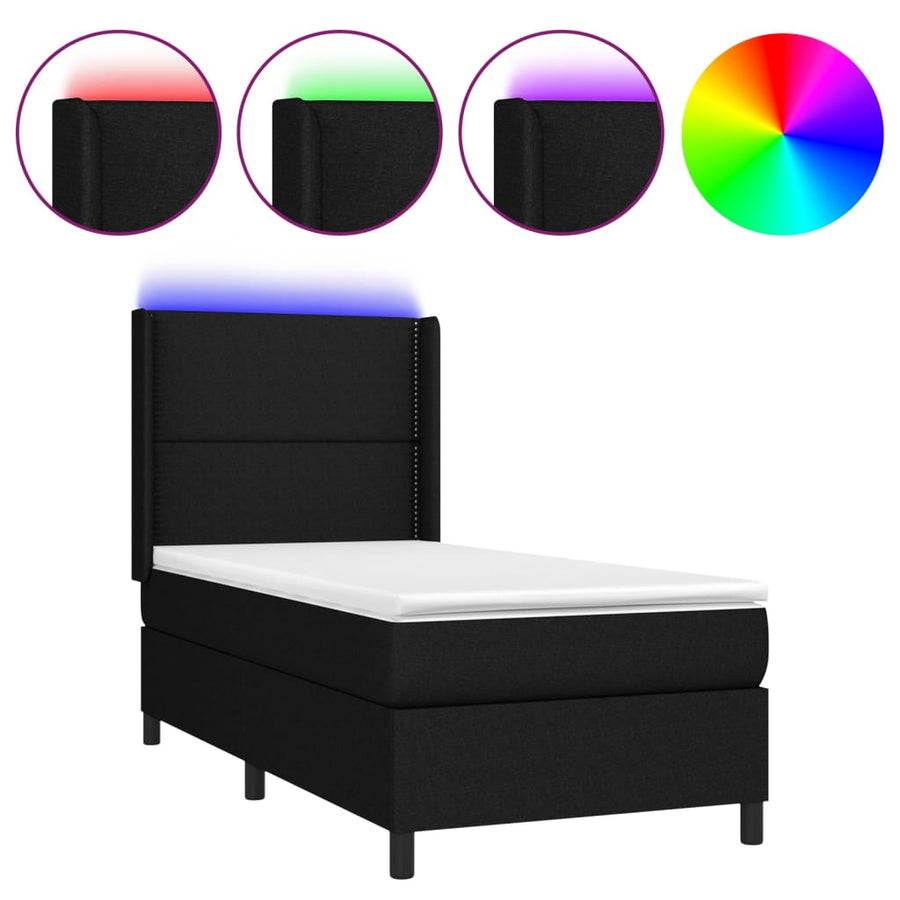 Boxspring Met Matras En Led Stof Zwart 90 x 190 cm Effen met spijkers