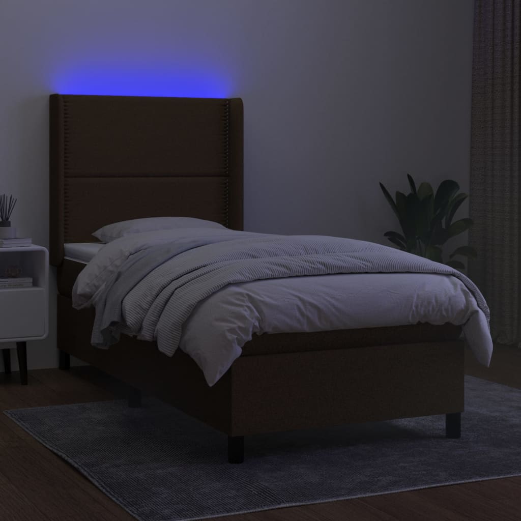 Boxspring Met Matras En Led Stof 80X200 Cm Donkerbruin 90 x 200 cm Effen met spijkers