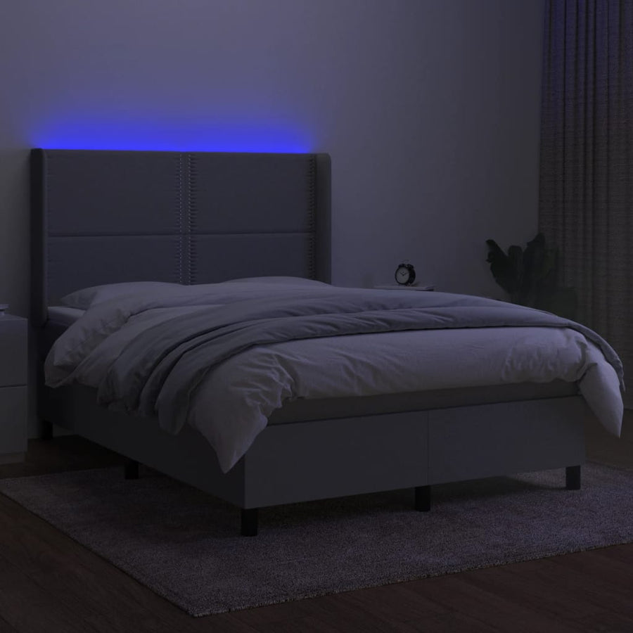 Boxspring met matras en LED stof lichtgrijs 140x190 cm 140 x 190 cm Effen met spijkers