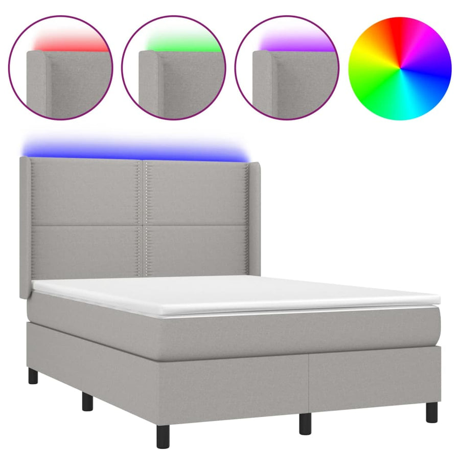 Boxspring met matras en LED stof lichtgrijs 140x200 cm 140 x 200 cm Effen met spijkers