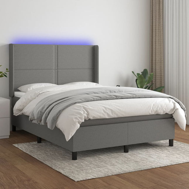 Boxspring Met Matras En Led Stof Donkergrijs 140 x 200 cm Effen met spijkers