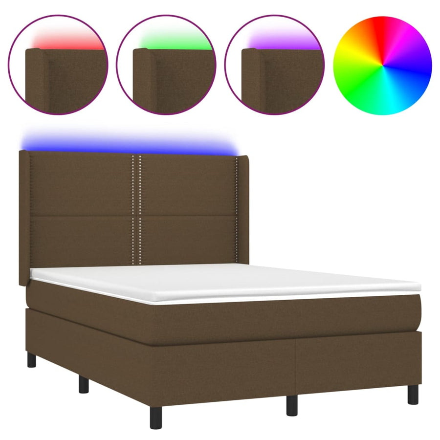 Boxspring Met Matras En Led Stof Donkerbruin 140 x 200 cm Effen met spijkers