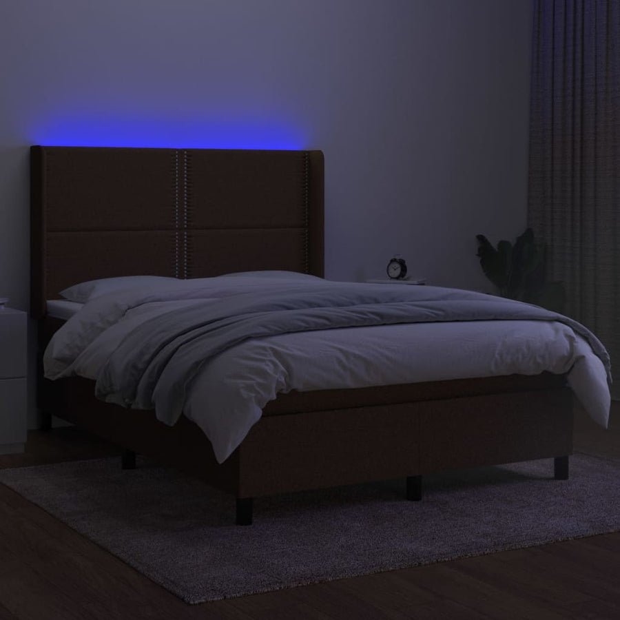 Boxspring Met Matras En Led Stof Donkerbruin 140 x 200 cm Effen met spijkers