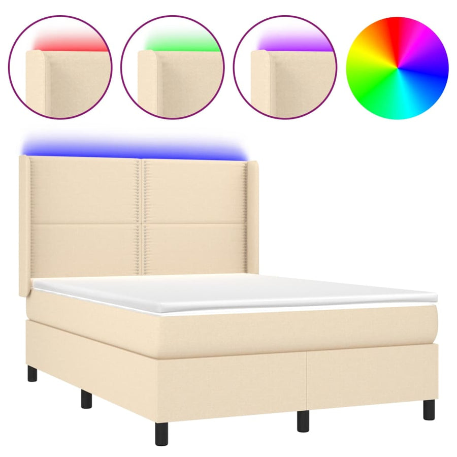 Boxspring met matras en LED stof crèmekleurig 140x200 cm 140 x 200 cm Effen met spijkers