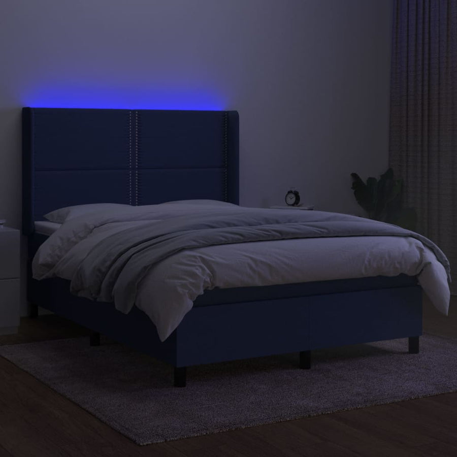 Boxspring Met Matras En Led Stof Blauw 140 x 200 cm Effen met spijkers