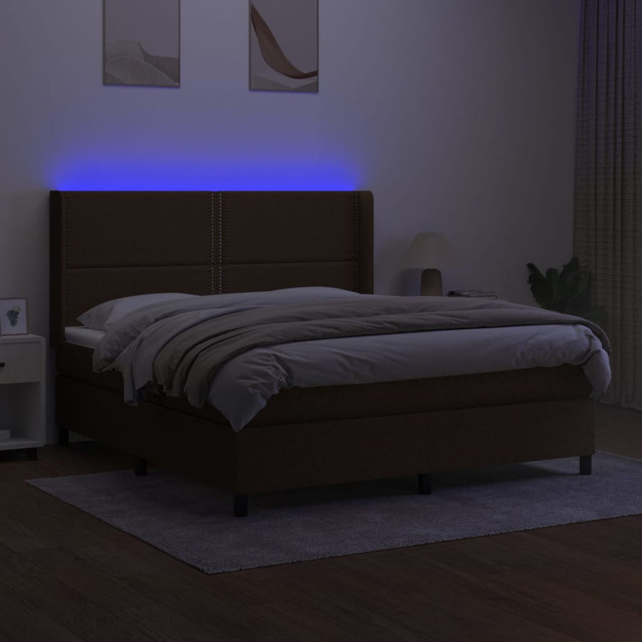 Boxspring Met Matras En Led Stof Donkerbruin 180 x 200 cm Effen met spijkers