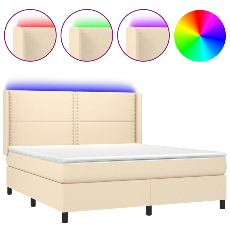Boxspring Met Matras En Led Stof Crèmekleurig 180X200 Cm 180 x 200 cm Effen met spijkers