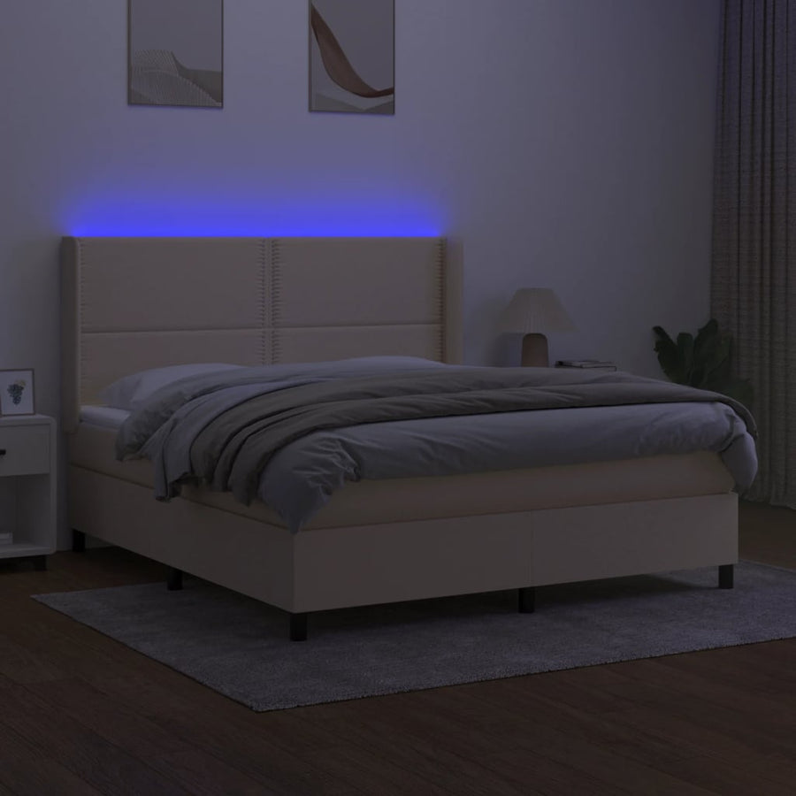 Boxspring Met Matras En Led Stof Crèmekleurig 180X200 Cm 180 x 200 cm Effen met spijkers