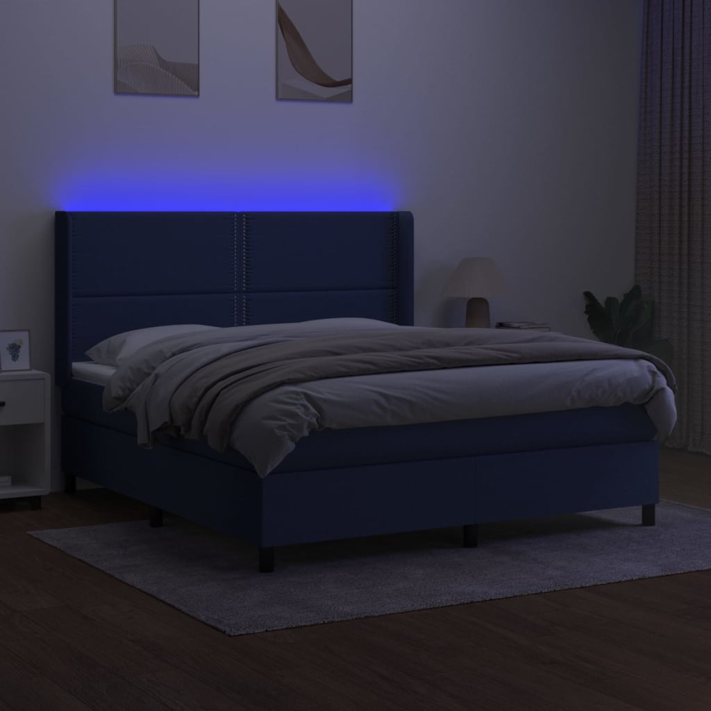 Boxspring Met Matras En Led Stof Blauw 180 x 200 cm Effen met spijkers