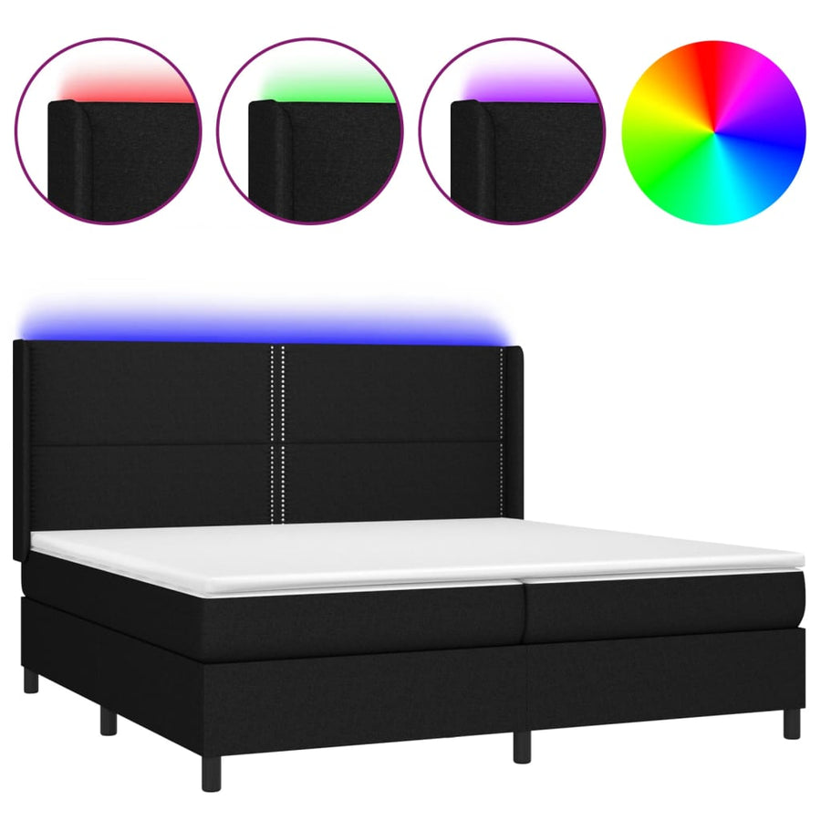 Boxspring Met Matras En Led Stof Zwart 200 x 200 cm Effen met spijkers