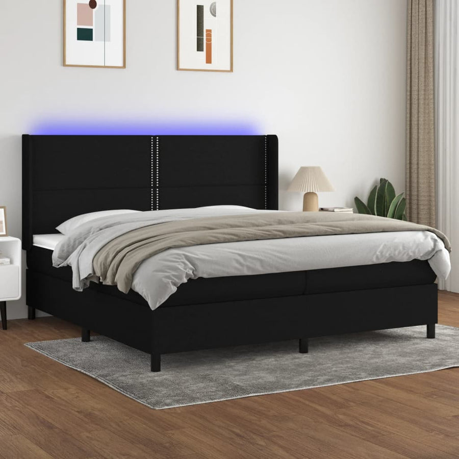 Boxspring Met Matras En Led Stof Zwart 200 x 200 cm Effen met spijkers