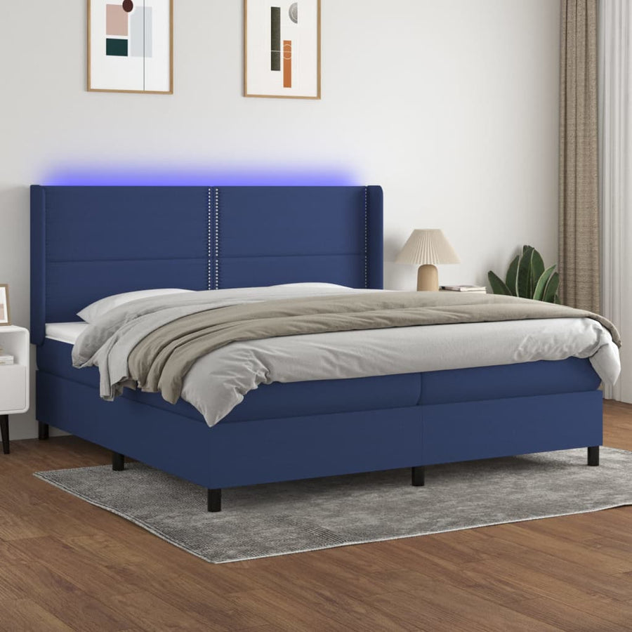 Boxspring Met Matras En Led Stof Blauw 200 x 200 cm Effen met spijkers