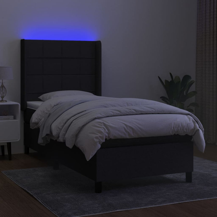 Boxspring Met Matras En Led Stof Zwart 90 x 190 cm Blok met vierkanten