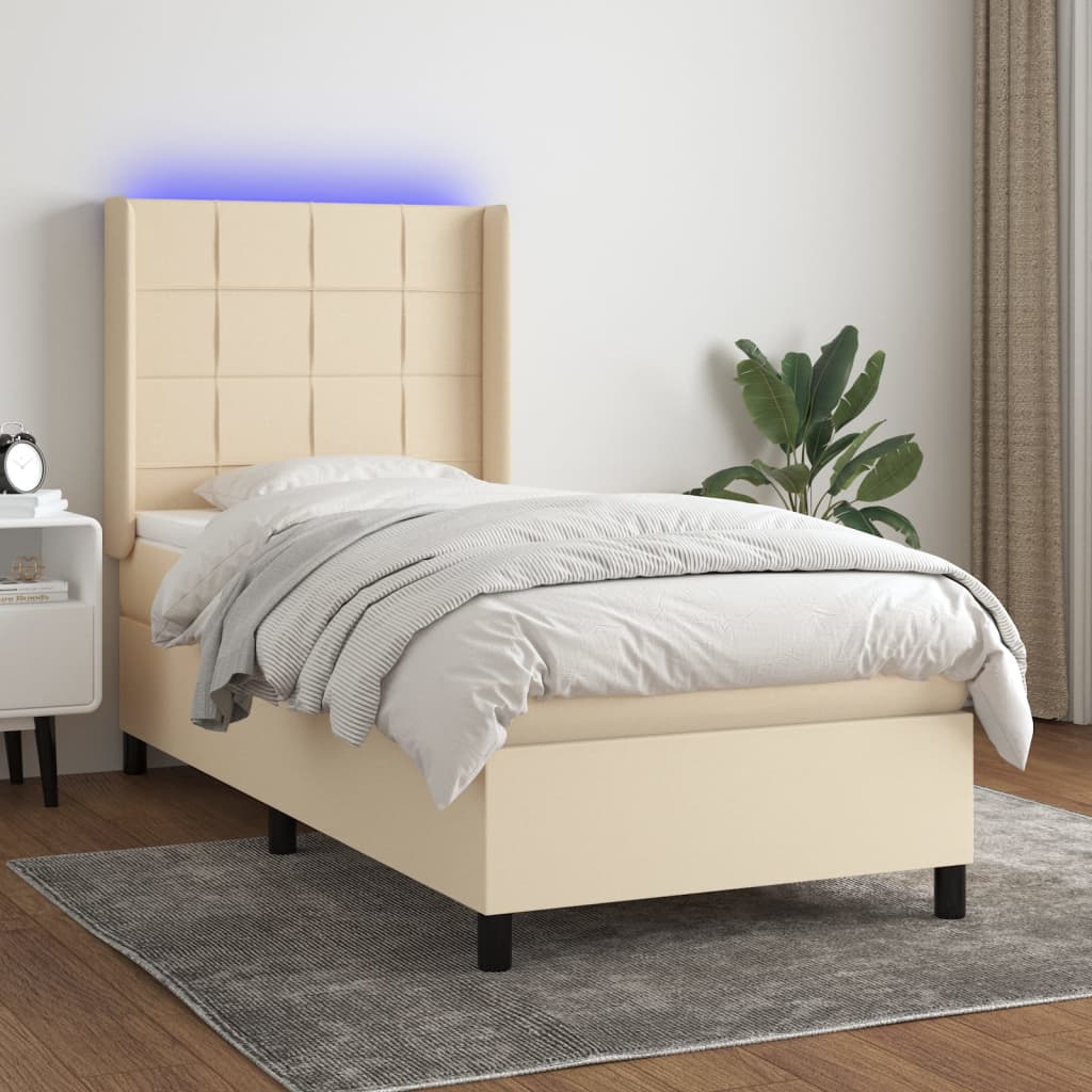 Boxspring met matras en LED stof crèmekleurig 90x190 cm 90 x 190 cm Blok met vierkanten