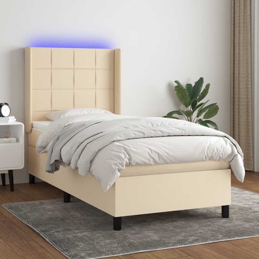 Boxspring met matras en LED stof crèmekleurig 90x190 cm 90 x 190 cm Blok met vierkanten