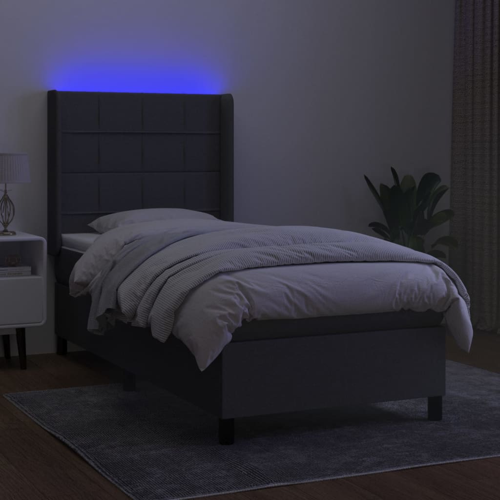 Boxspring Met Matras En Led Stof Donkergrijs 90 x 200 cm Blok met vierkanten