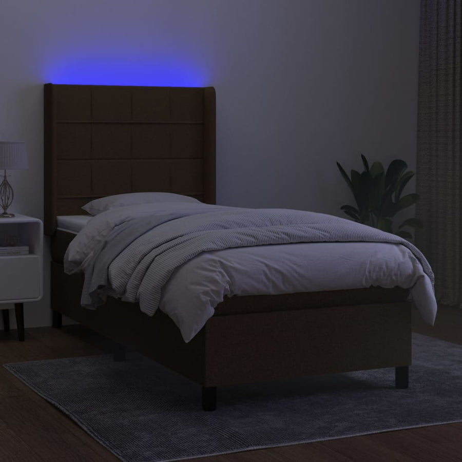 Boxspring Met Matras En Led Stof Donkerbruin 100 x 200 cm Blok met vierkanten