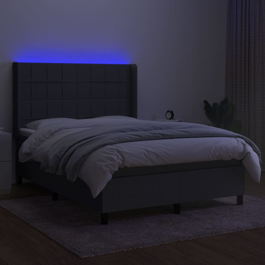 Boxspring Met Matras En Led Stof Donkergrijs 140 x 190 cm Blok met vierkanten