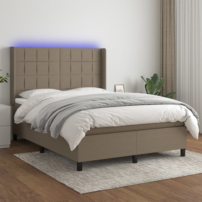 Boxspring met matras en LED stof taupe 140x190 cm 140 x 190 cm Blok met vierkanten