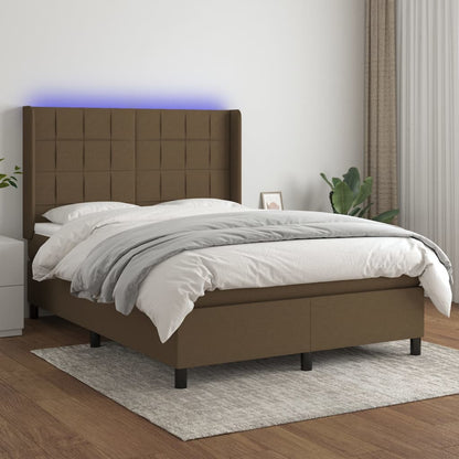 Boxspring Met Matras En Led Stof Donkerbruin 140 x 200 cm Blok met vierkanten
