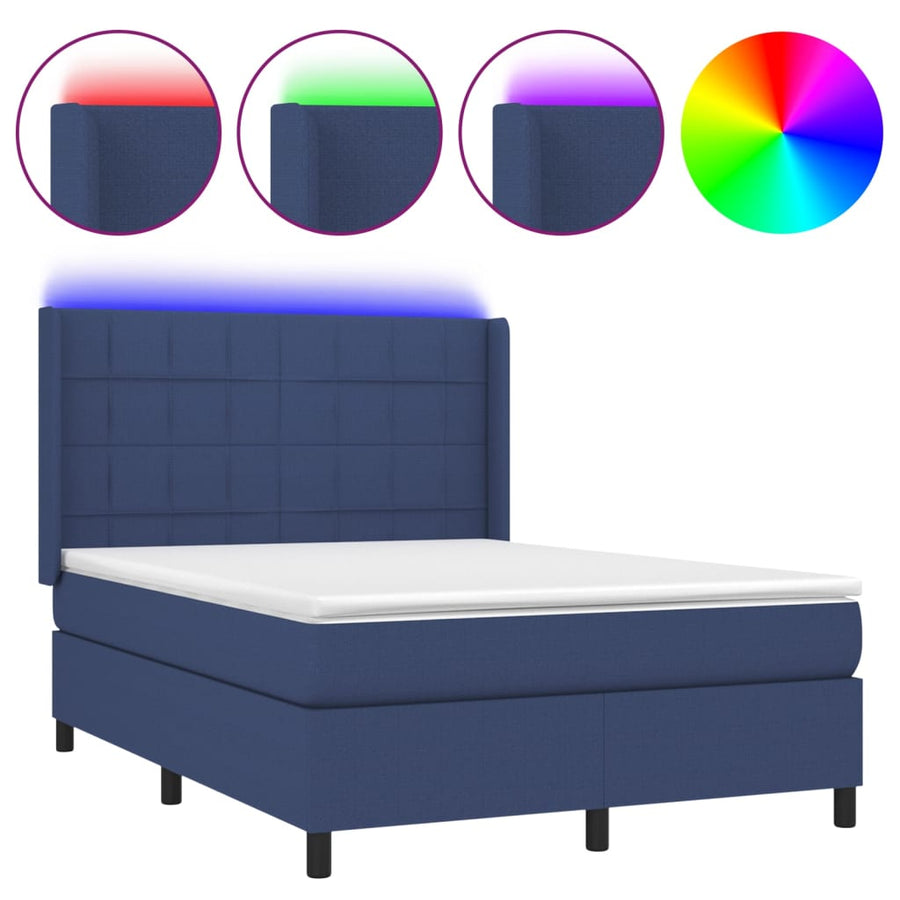 Boxspring Met Matras En Led Stof Blauw 140 x 200 cm Blok met vierkanten