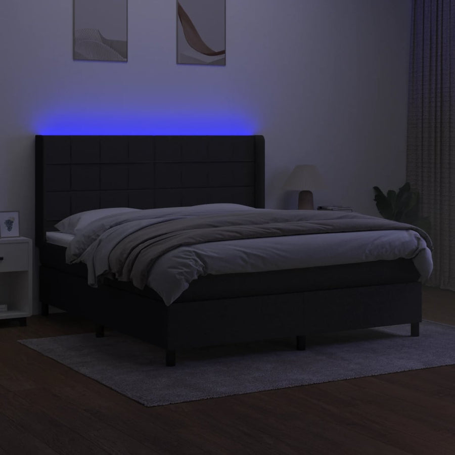 Boxspring Met Matras En Led Stof Zwart 160 x 200 cm Blok met vierkanten