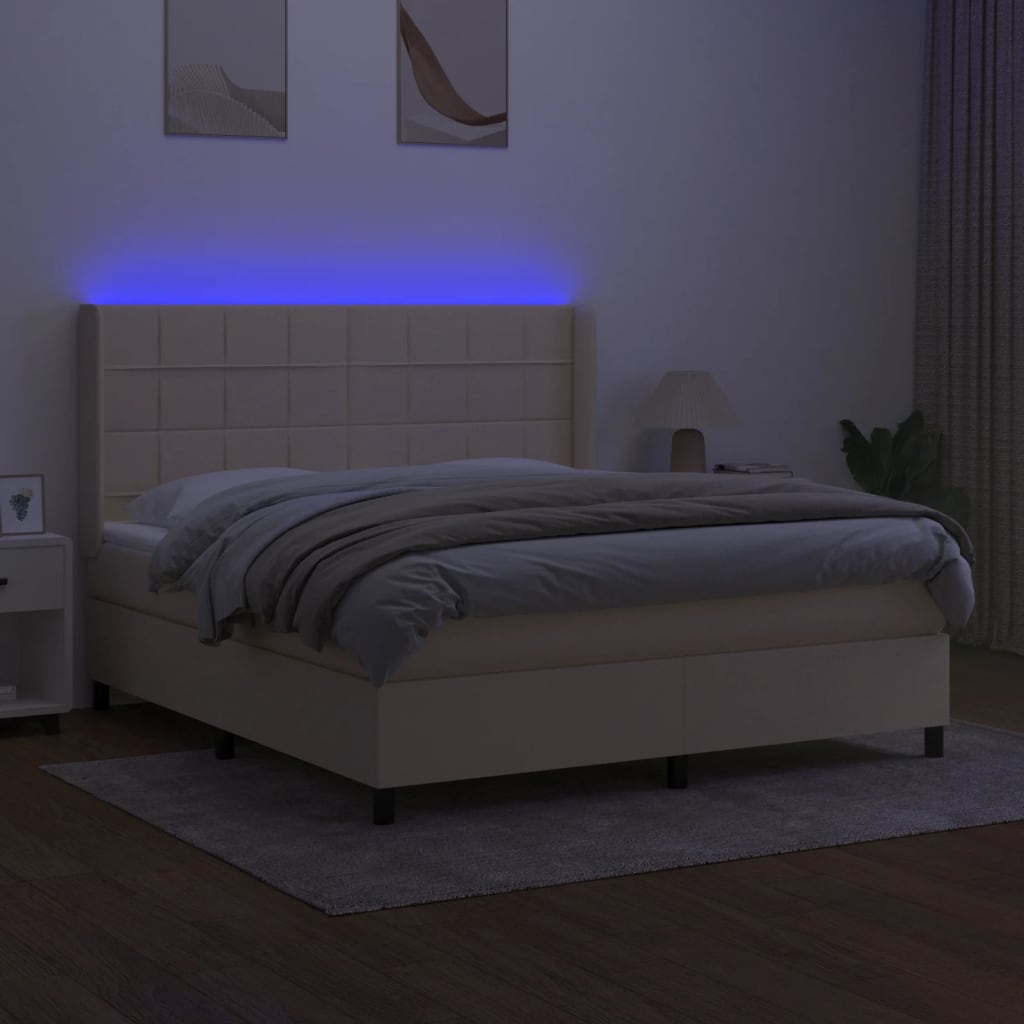 Boxspring Met Matras En Led Stof Kleurig Crème 160 x 200 cm Blok met vierkanten