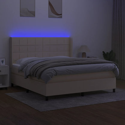 Boxspring Met Matras En Led Stof Kleurig Crème 160 x 200 cm Blok met vierkanten