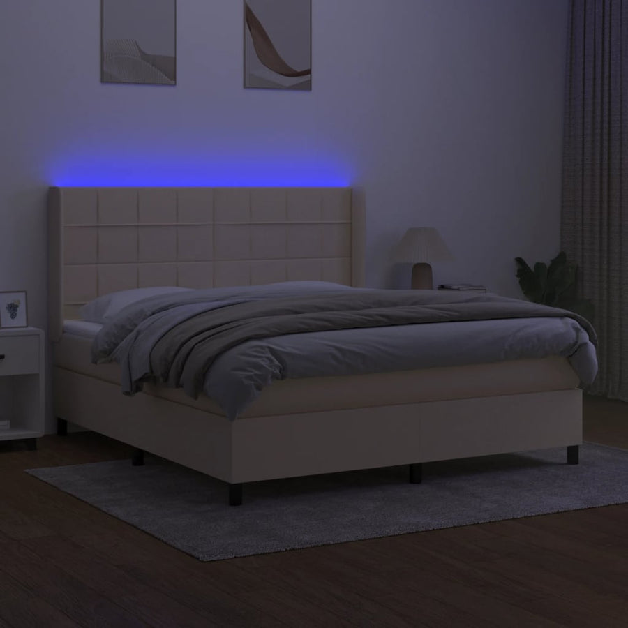 Boxspring Met Matras En Led Stof Kleurig Crème 160 x 200 cm Blok met vierkanten