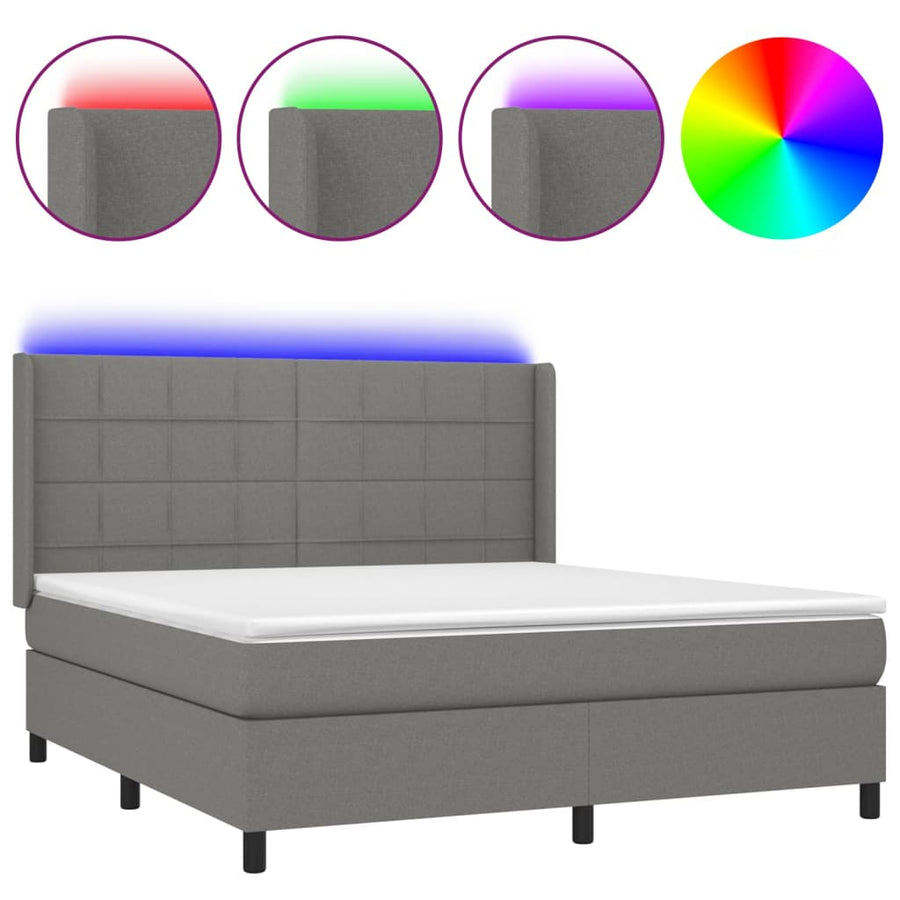 Boxspring Met Matras En Led Stof Donkergrijs 180 x 200 cm Blok met vierkanten