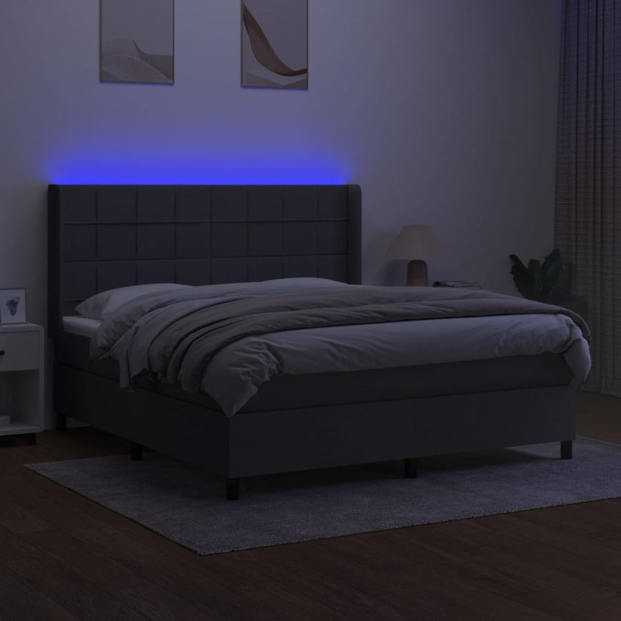 Boxspring Met Matras En Led Stof Donkergrijs 180 x 200 cm Blok met vierkanten