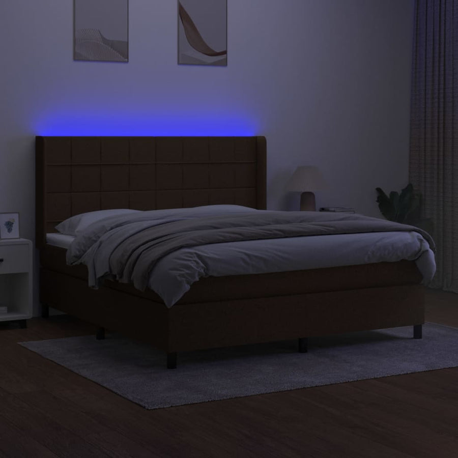 Boxspring Met Matras En Led Stof Donkerbruin 180 x 200 cm Blok met vierkanten