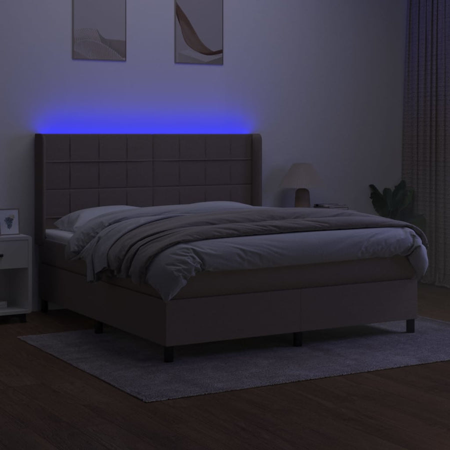 Boxspring Met Matras En Led Stof Taupe 180 x 200 cm Blok met vierkanten