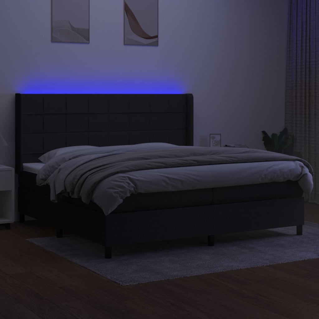 Boxspring Met Matras En Led Stof Zwart 200 x 200 cm Blok met vierkanten