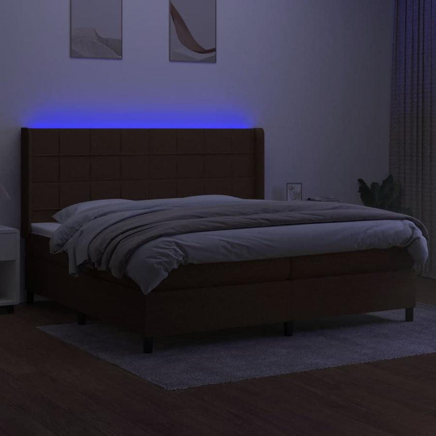 Boxspring Met Matras En Led Stof Donkerbruin 200X200 Cm 200 x 200 cm Blok met vierkanten