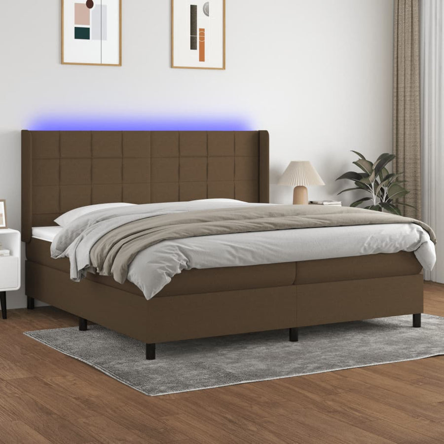Boxspring Met Matras En Led Stof Donkerbruin 200X200 Cm 200 x 200 cm Blok met vierkanten
