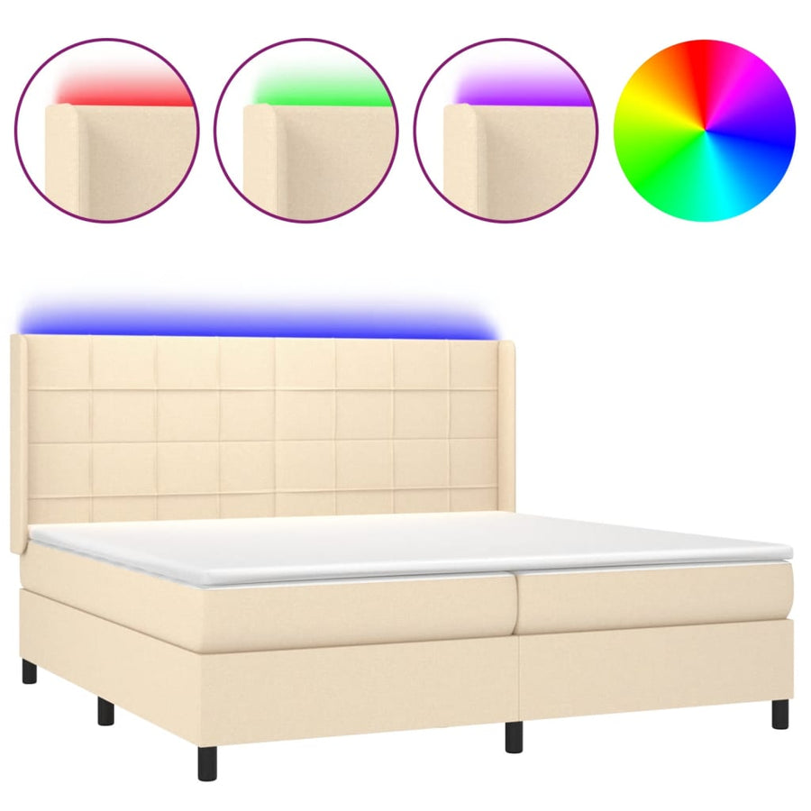 Boxspring Met Matras En Led Stof Kleurig Crème 200 x 200 cm Blok met vierkanten
