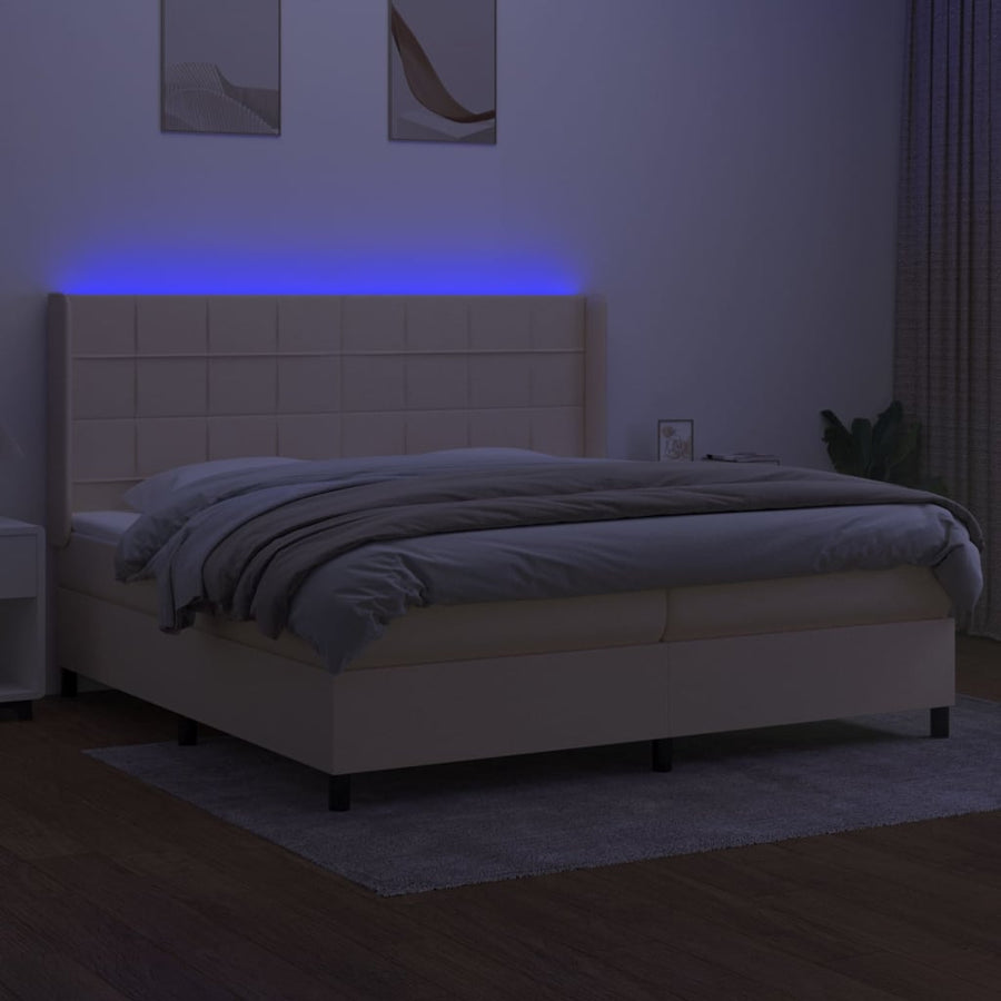 Boxspring Met Matras En Led Stof Kleurig Crème 200 x 200 cm Blok met vierkanten