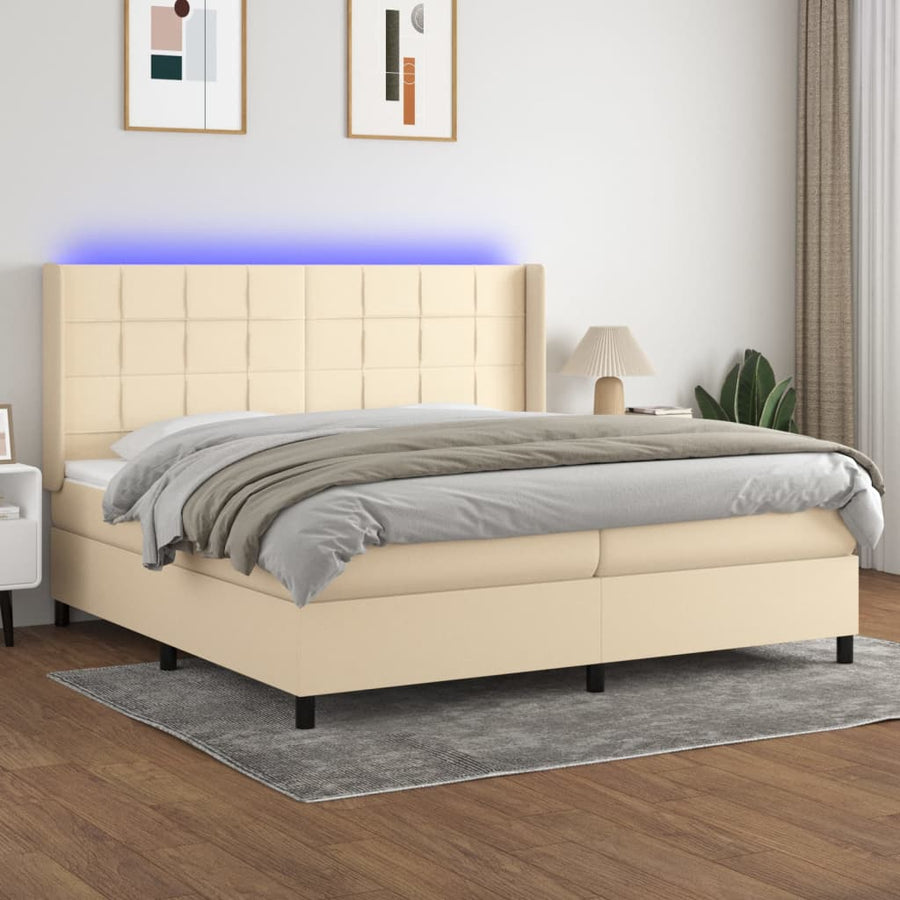 Boxspring Met Matras En Led Stof Kleurig Crème 200 x 200 cm Blok met vierkanten